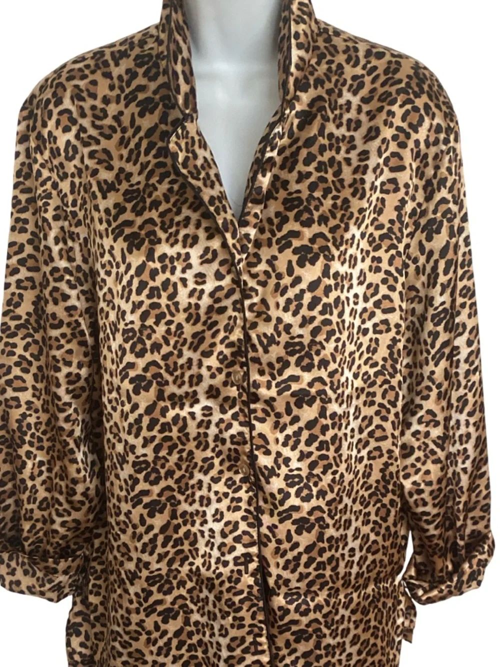 Valerie Stevens Leopard-Print Satin Pajama Set in Tan Black-M black tan poly